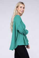 Double Gauze Oversized 3/4 Button Henley Neck Top