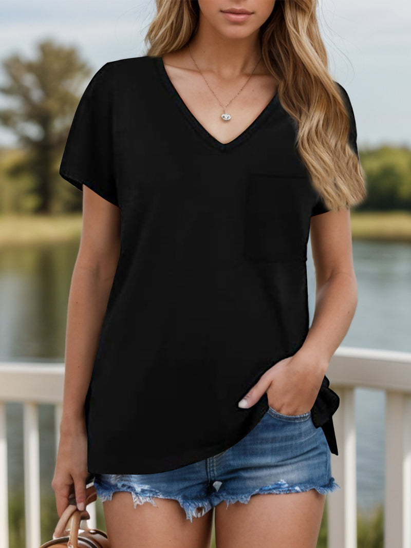 Pocketed Heathered V-Neck Tee