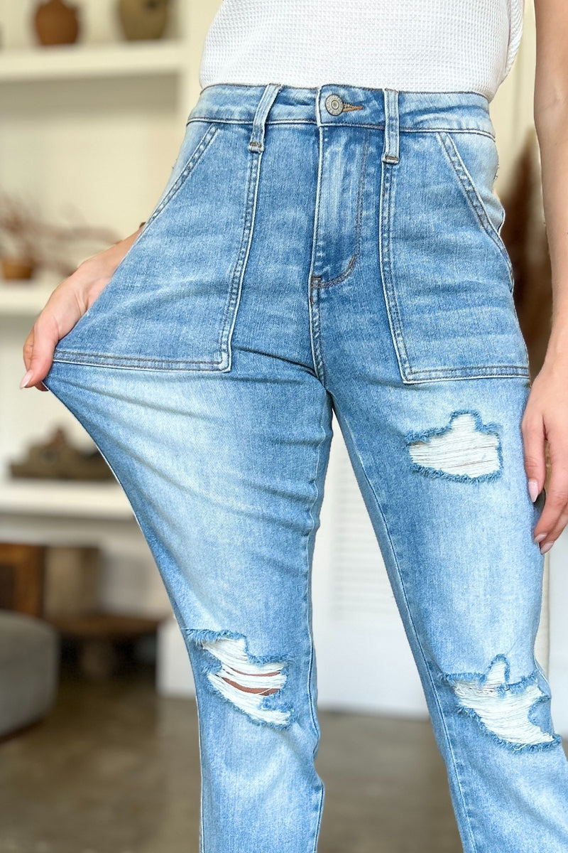 Judy Blue Distressed Straight Jeans with Patch Pockets