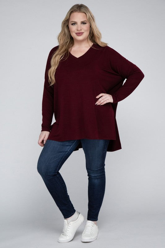 Plus Dolman Sleeve V-Neck Side Slit Hi-Low Hem Top