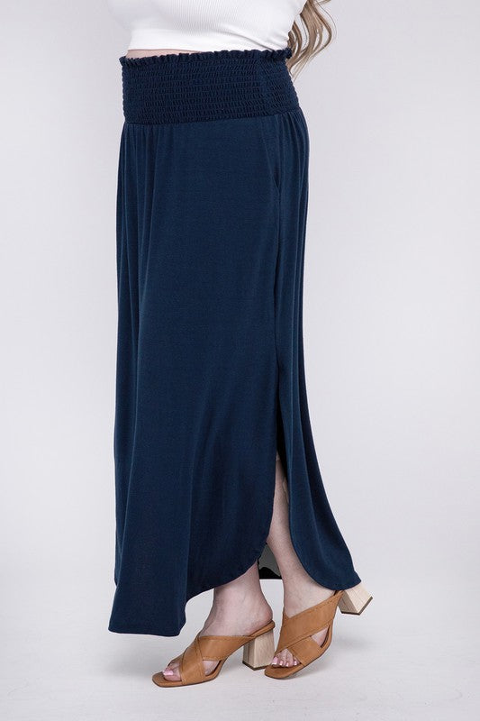 Plus Smocked Waist Side Slit Maxi Skirt w/ Pockets