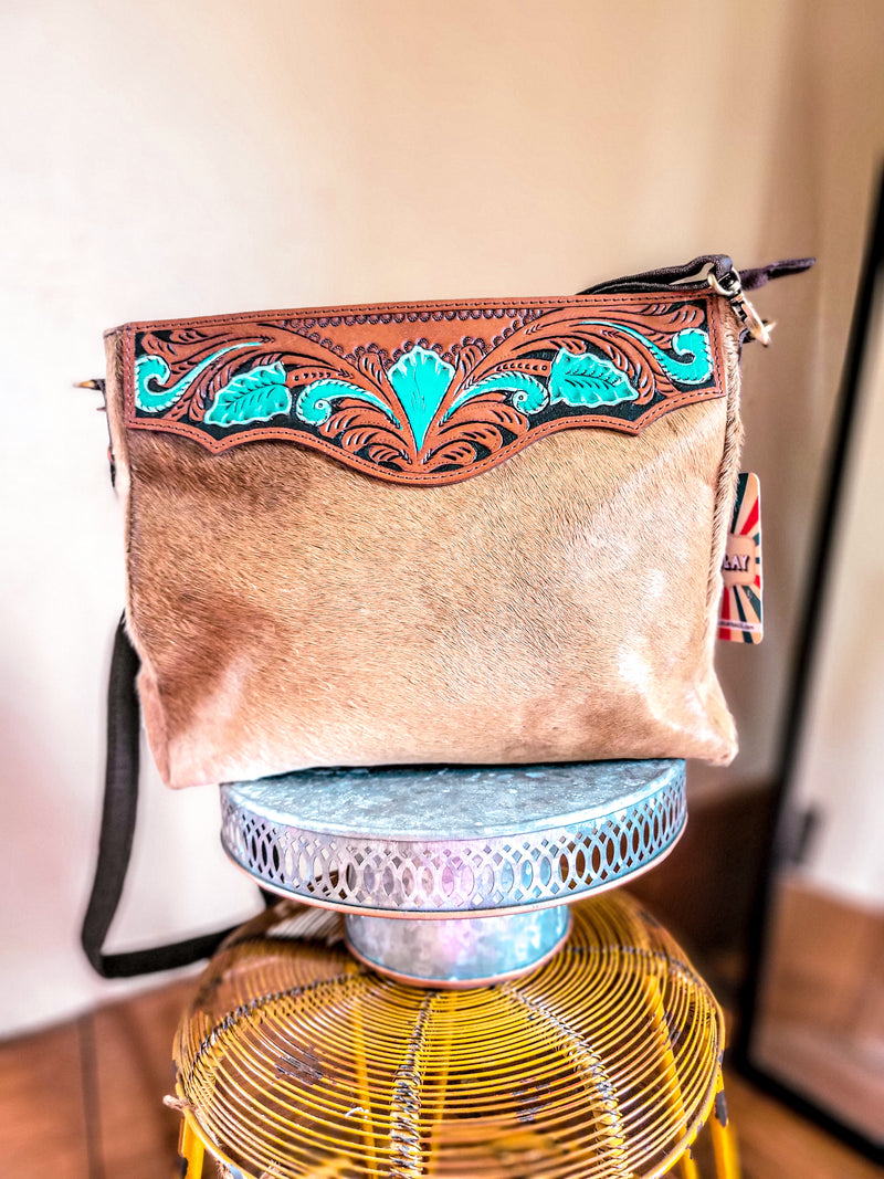 Hand Tooled Crossbody Bag with Turquoise Accents