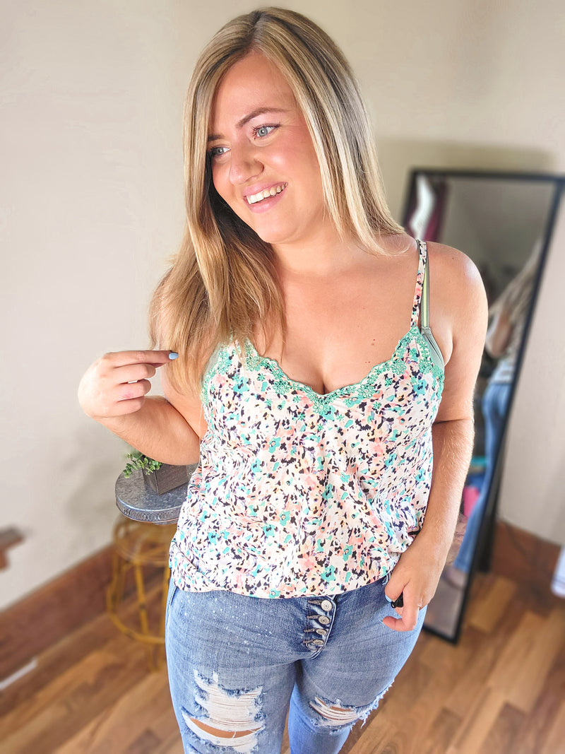Green Embroidered Boho Floral Cami