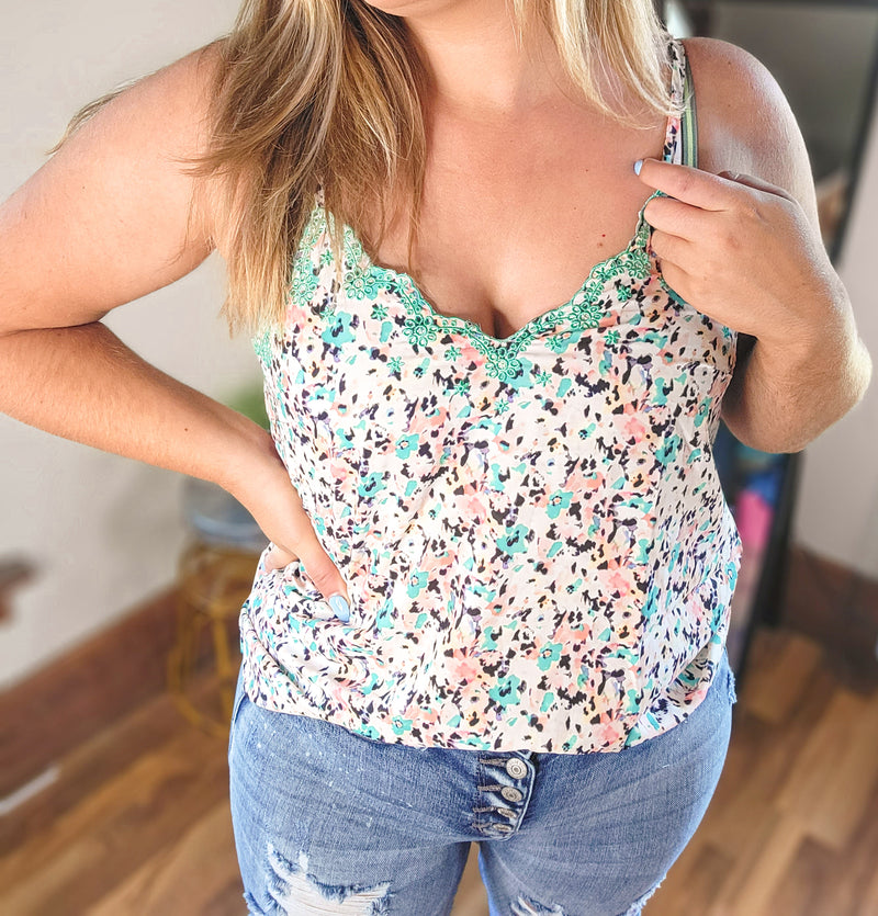 Green Embroidered Boho Floral Cami
