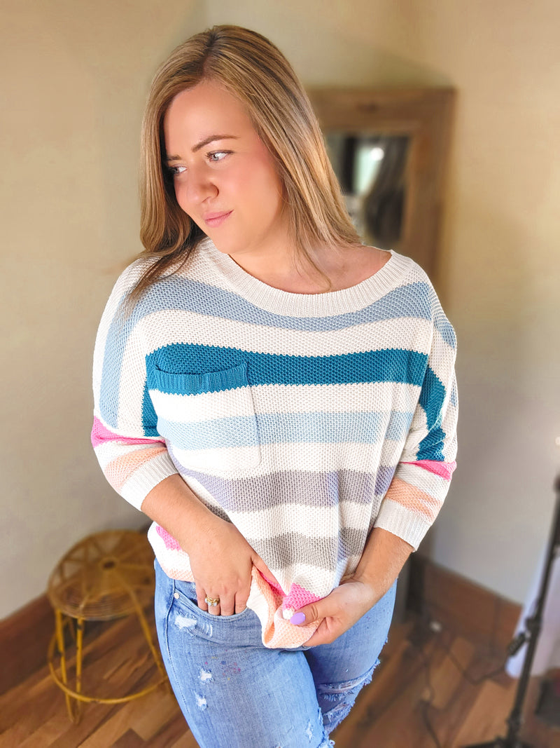 Multicolor Striped Boat Neck Oversized Sweater