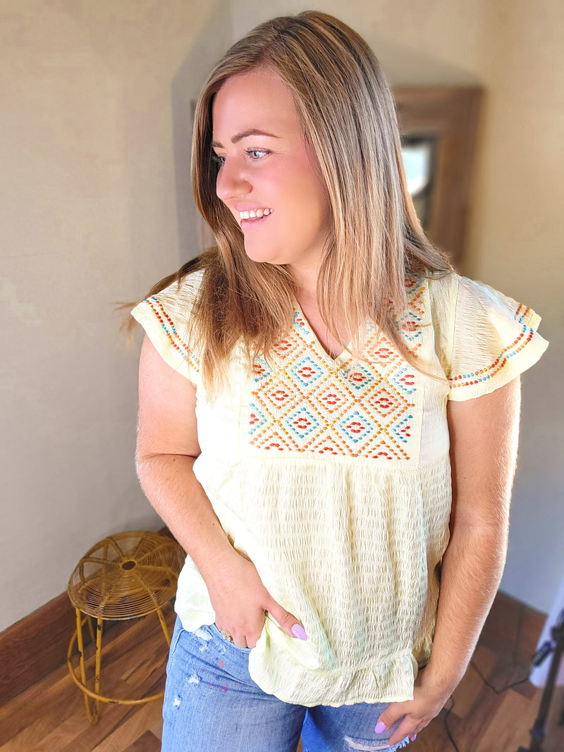 Yellow Geometric Embroidery Textured Top