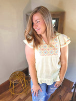 Yellow Geometric Embroidery Textured Top