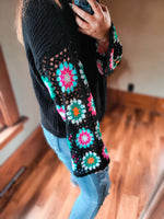 Black Floral Crochet Bell Sleeve Loose Sweater