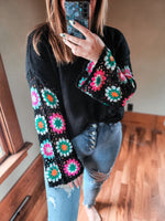 Black Floral Crochet Bell Sleeve Loose Sweater