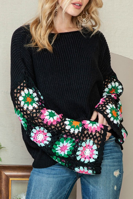 Black Floral Crochet Bell Sleeve Loose Sweater