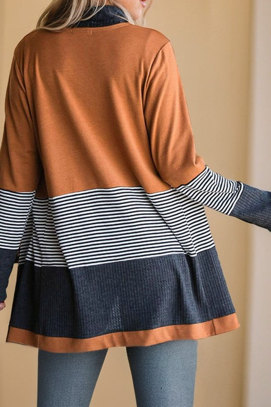 Colorblock Striped Waffle Patchwork Cardigan