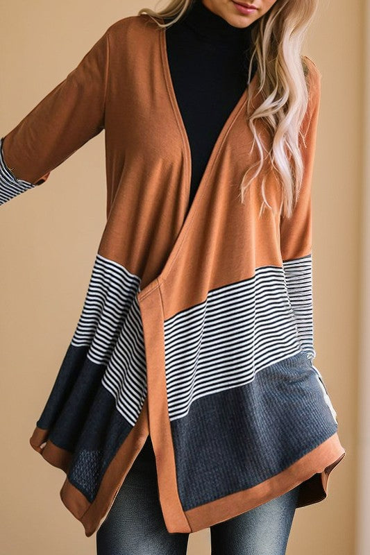 Colorblock Striped Waffle Patchwork Cardigan