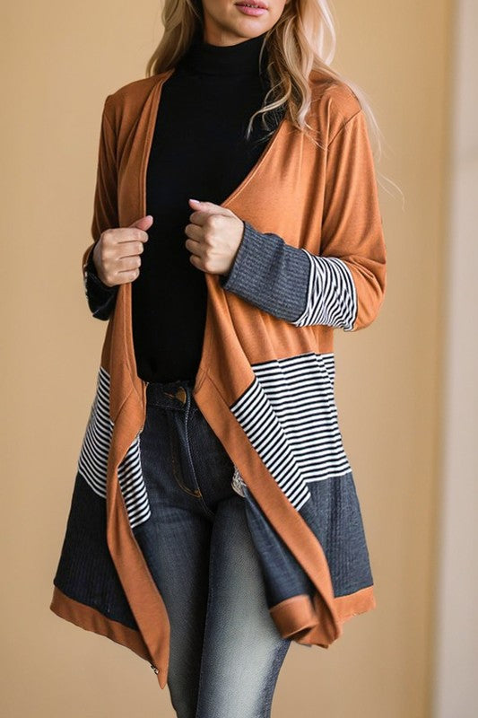 Colorblock Striped Waffle Patchwork Cardigan