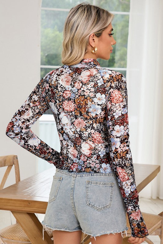 SPRING Floral Mesh High Neck Sheath Blouse