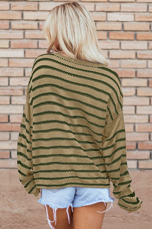 Casual Stripe Round Neck Drop Shoulder Sweater