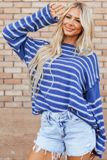 Casual Stripe Round Neck Drop Shoulder Sweater