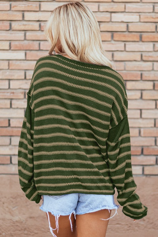 Casual Stripe Round Neck Drop Shoulder Sweater