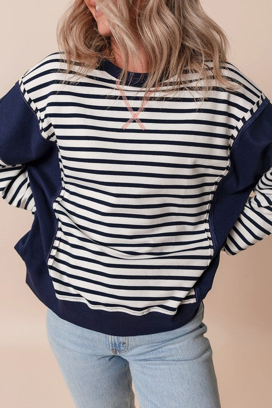 Stripe Patchwork Exposed Seam Loose Fit Sweatshirt