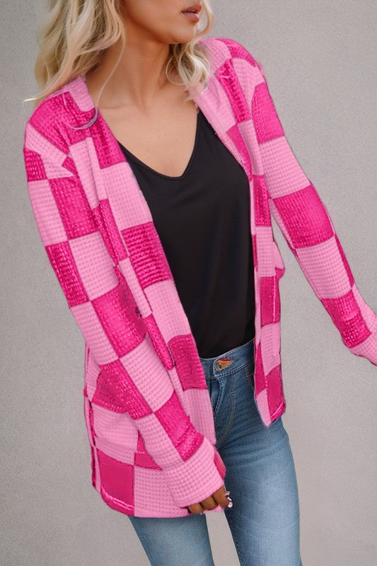 Checkered Waffle Knit Cardigan