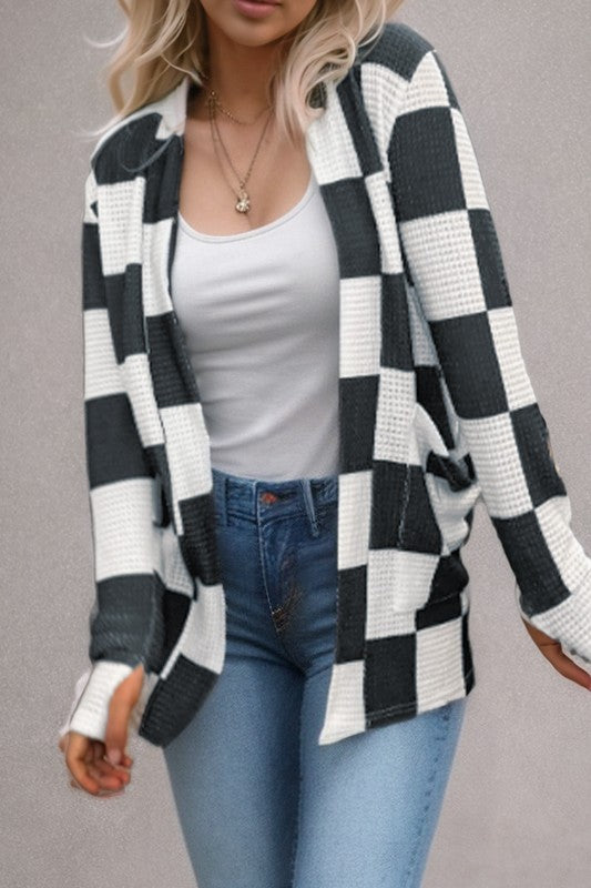 Checkered Waffle Knit Cardigan