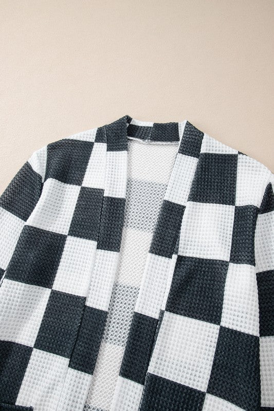 Checkered Waffle Knit Cardigan