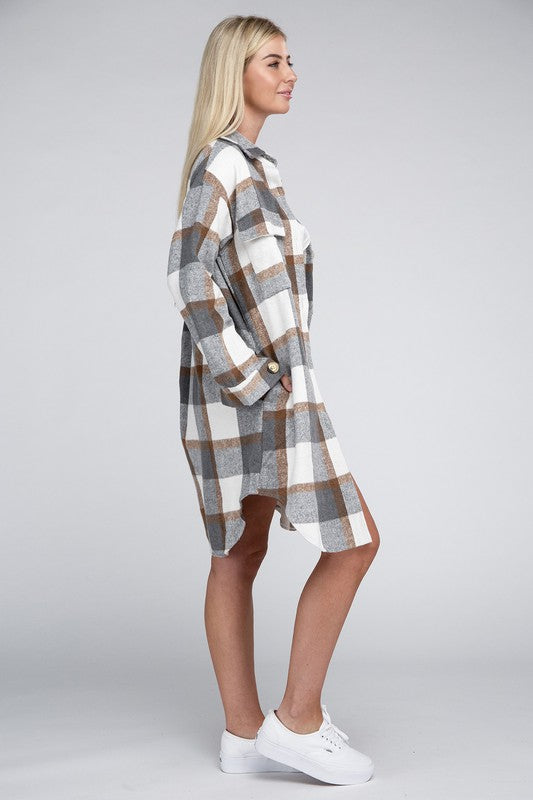 Plaid Flap Pocket Drop Shoulder Shirt