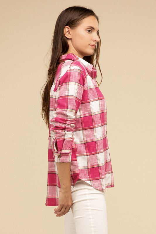 Cotton Plaid Shacket With Front Pocket