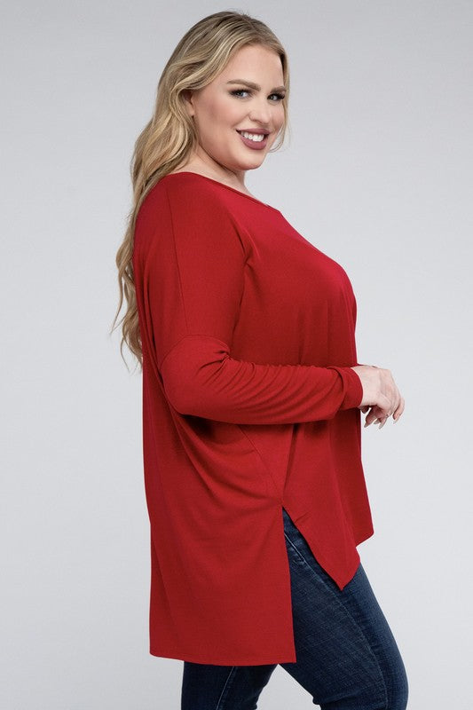 Plus Dolman Sleeve V-Neck Side Slit Hi-Low Hem Top