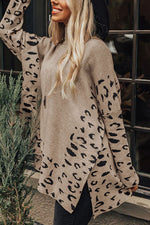 Slit Leopard Mock Neck Dropped Shoulder Sweater