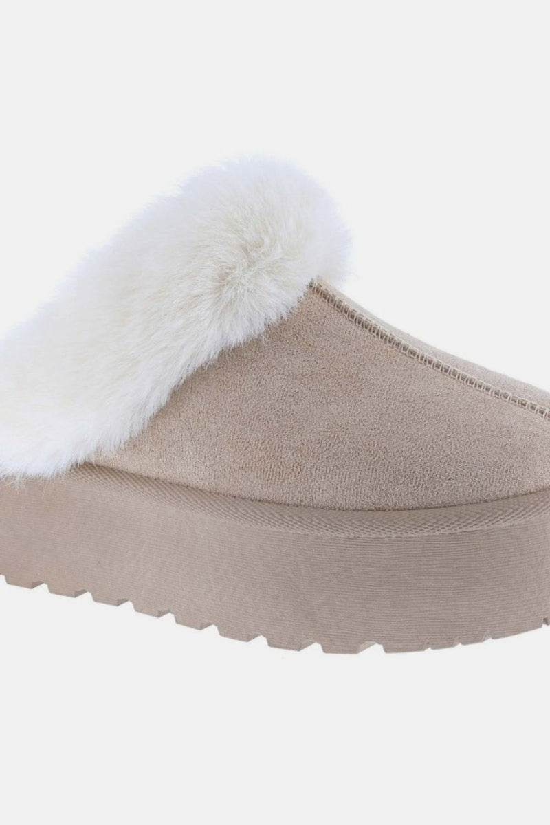 Trinity Thick Bottom Fur Trim Snow Slippers Taupe