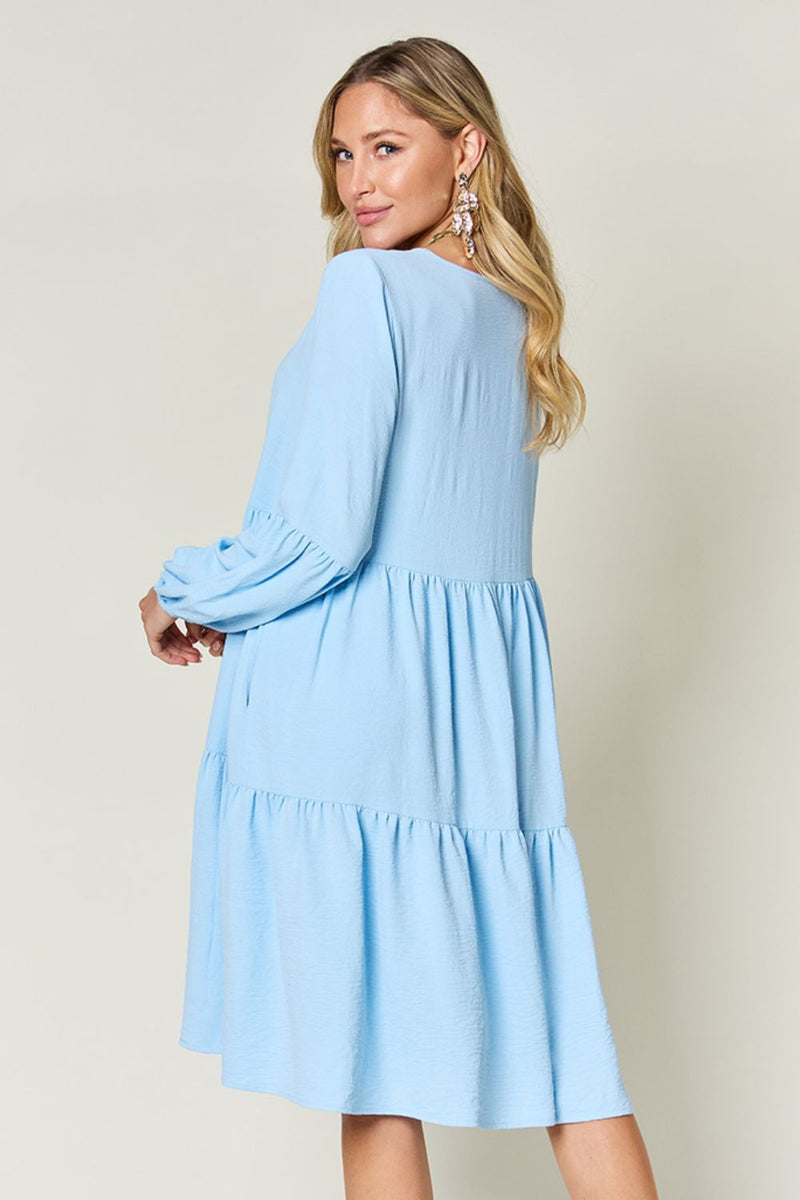 Double Trouble V-Neck Balloon Sleeve Tiered Dress
