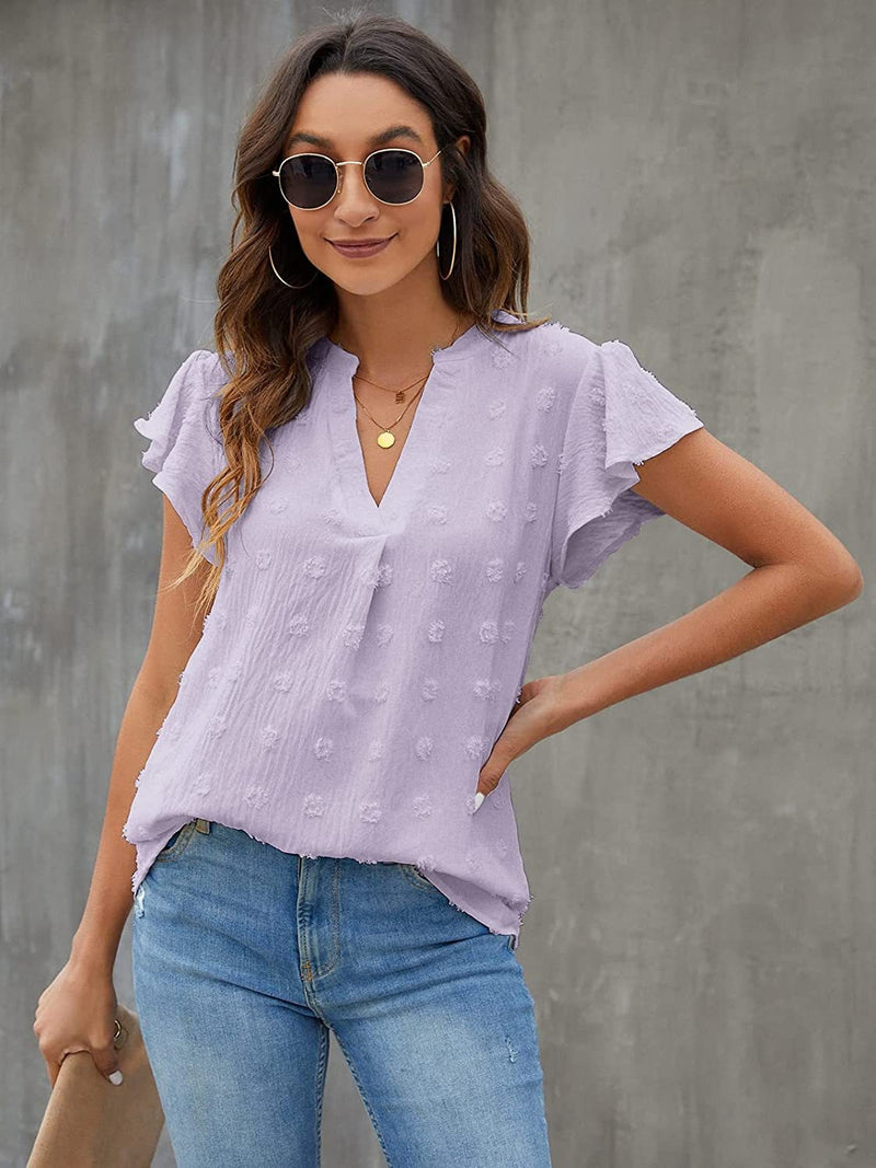 Jacey Swiss Dot Notched Flutter Sleeve Blouse