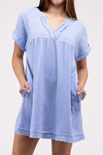 Gauze Rolled Short Sleeve Raw Edge V-Neck Dress