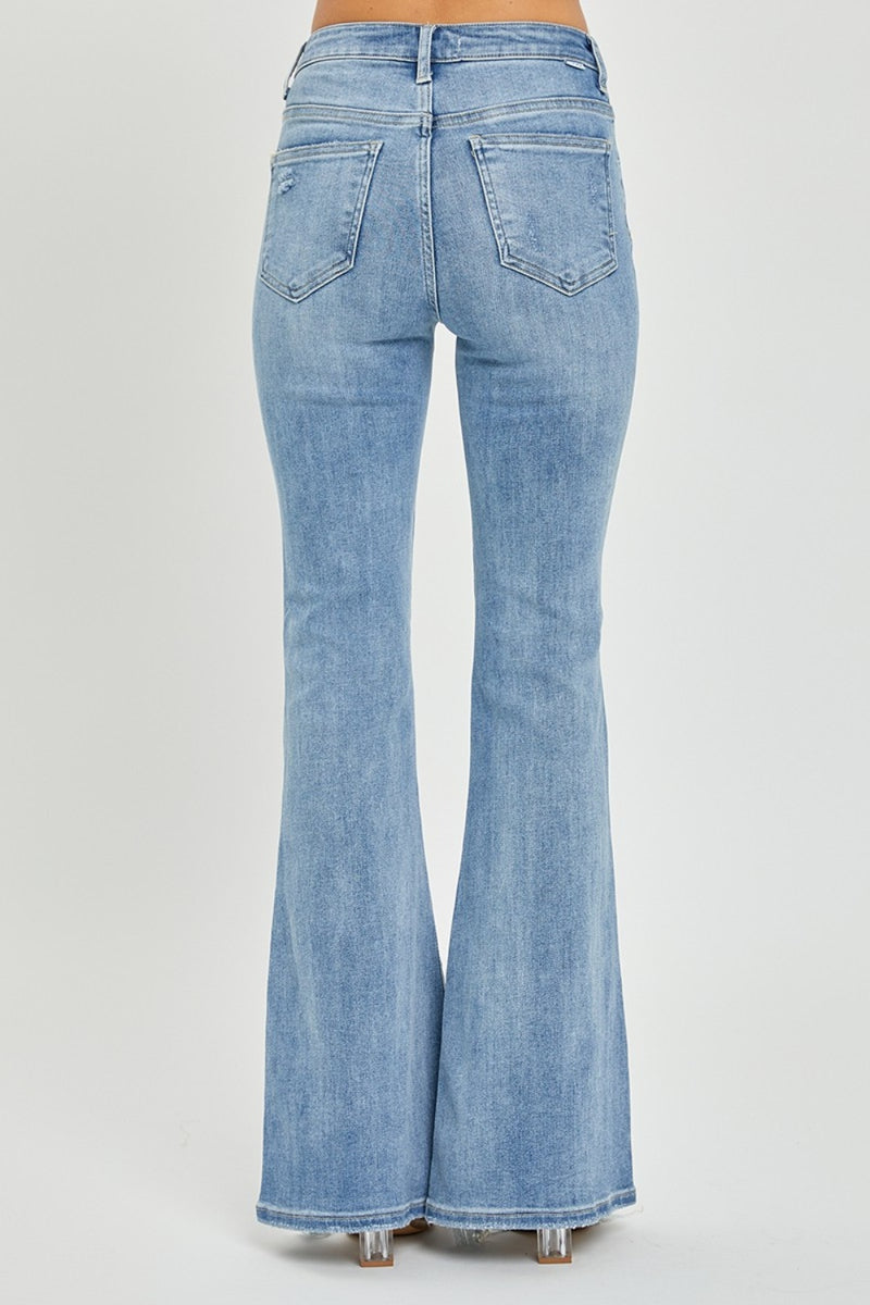 Risen High Rise Frayed Hem Flare Jeans