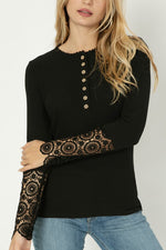 Henley neck tee with lace trim