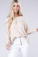 Double Gauze Oversized 3/4 Button Henley Neck Top