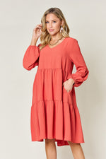 Double Trouble V-Neck Balloon Sleeve Tiered Dress