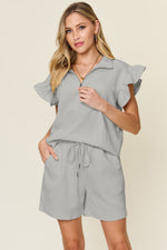 Texture Flounce Sleeve Top and Drawstring Shorts Set