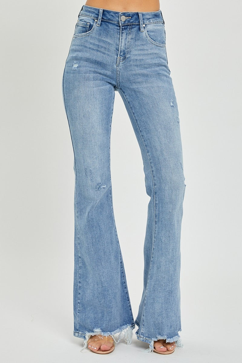 Risen High Rise Frayed Hem Flare Jeans