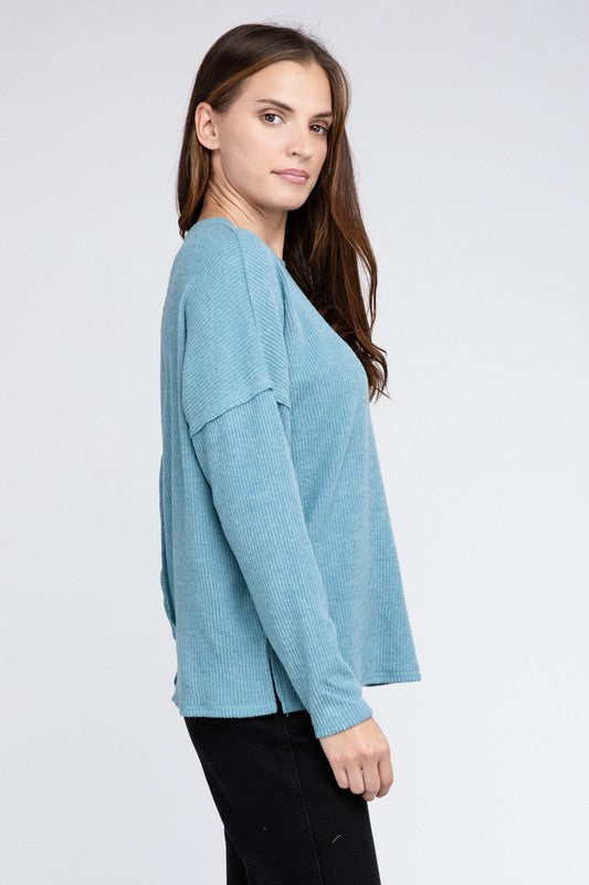 Ribbed Brushed Melange Hacci Sweater with a Pocket