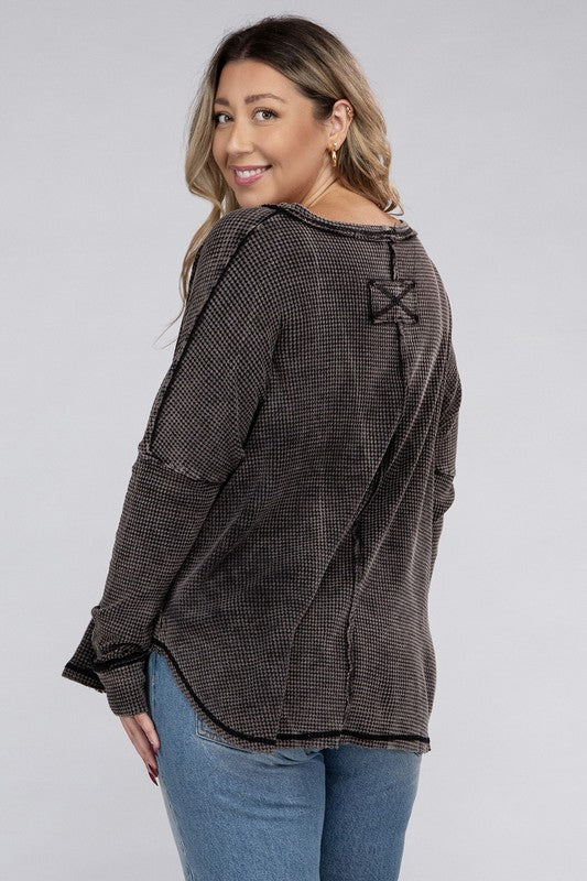 Plus Washed Baby Waffle Oversized Long Sleeve Top