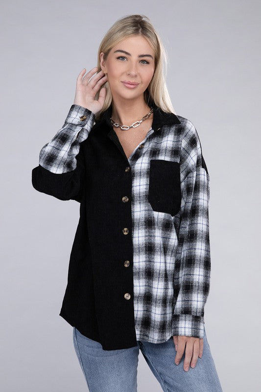 Plaid Flap Drop Shoulder Shacket