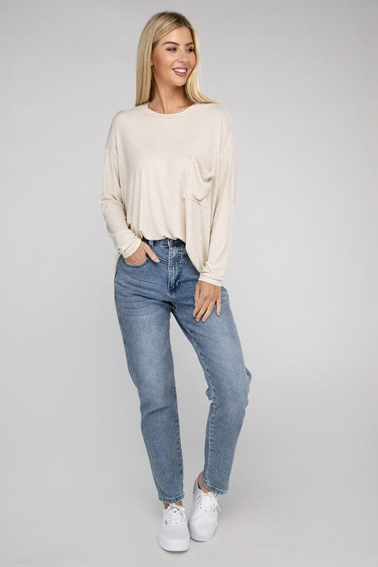 Washed Ribbed Dolman Sleeve Round Neck Top