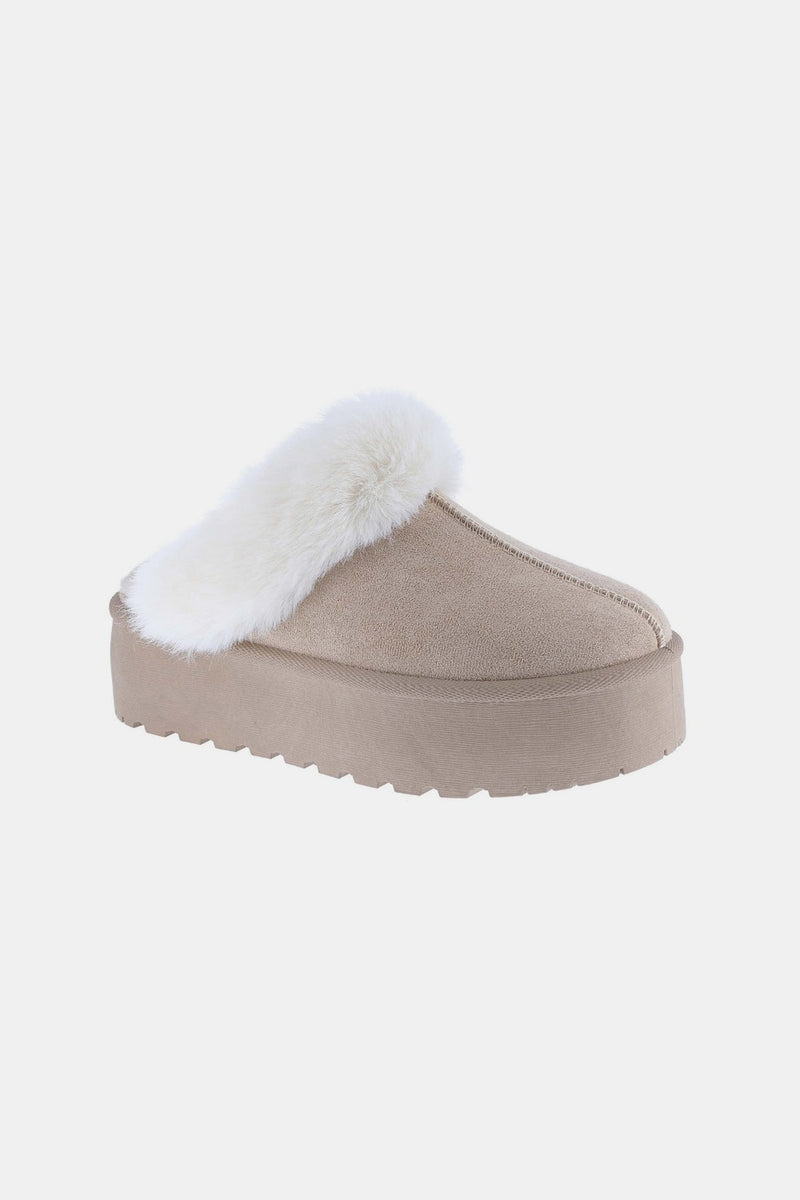 Trinity Thick Bottom Fur Trim Snow Slippers Taupe