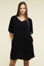 Woven Airflow V Neck T-Shirt Dress with Pockets