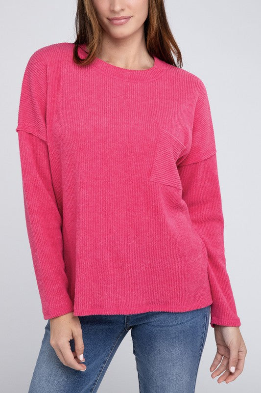 Ribbed Brushed Melange Hacci Sweater with a Pocket