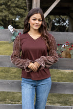 Brown Top With Velvet Burnout Sleeves