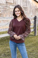 Brown Top With Velvet Burnout Sleeves