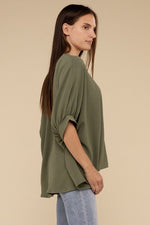 Woven Airflow V-Neck Puff Half Sleeve Top