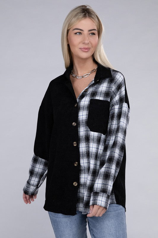 Plaid Flap Drop Shoulder Shacket